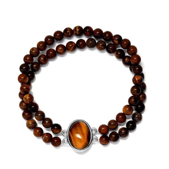 New, Stamped, Tiger's Eye Double Row Beaded Stretch Bracelet in Stainless Steel - Picture 4 of 9
